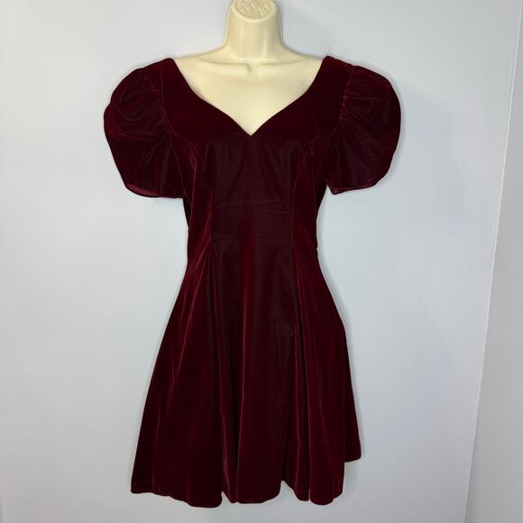 JUMP Vintage Velvet Puff Sleeve V-Neck  Fit & Flare Mini Dress Dark Romantic 7/8 - Picture 3 of 14